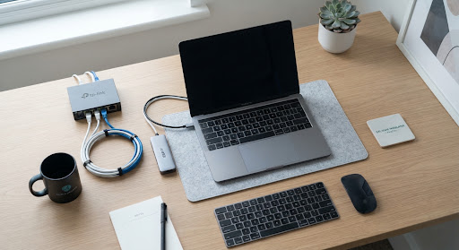 Workspace setup with laptop and network equipment